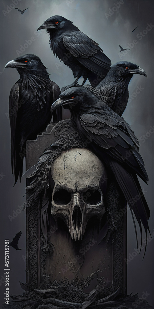 Crow raven black bird of death, skull dark evil, generative ai Stock