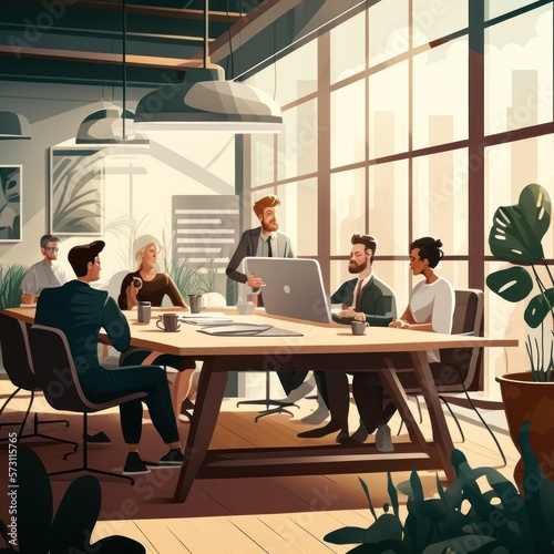 Business meeting in an open plan office cartoon, multiracial employees