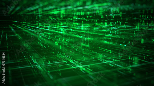 Technology Digital Data On Green Background, Data Analysis and Access to Digital Data, Digital Cyberspace with Particles and Digital Data Network Connections. 3D Rendering