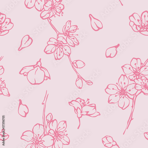 Hand drawn cherry blossom seamless pattern with flowers, buds and petals pink contour drawing