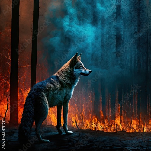 Red fox in a forest fire, colorful, HD, Illustration