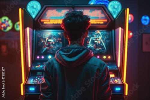 Boy playing arcade machine with neon lights, Back view of boy playing arcade machine Generative AI