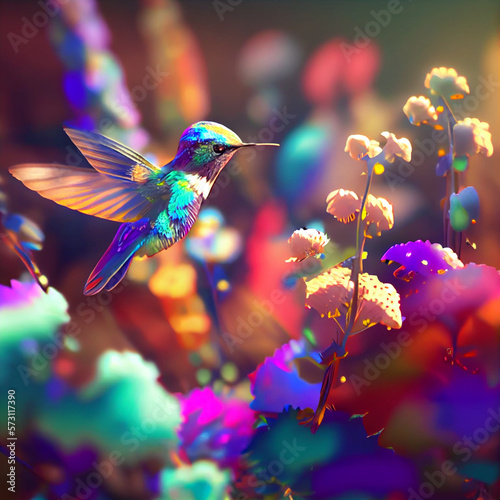 Hummingbird animal, hummingbird flying between flower, honey, and nectar, hummingbird generative ai