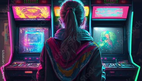 Fotografie, Obraz Girl playing arcade machine with neon lights, Back view of girl playing arcade m
