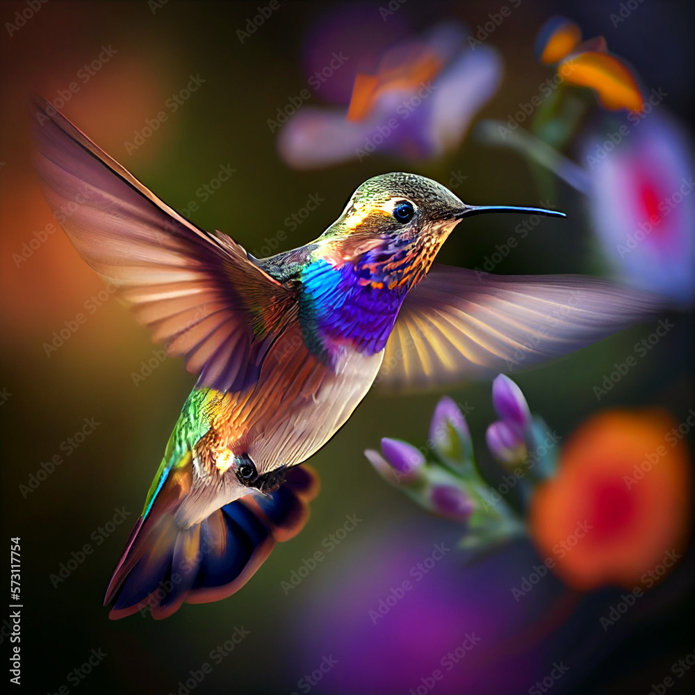 Fototapeta premium Hummingbird animal, hummingbird flying between flower, honey, and nectar, hummingbird generative ai