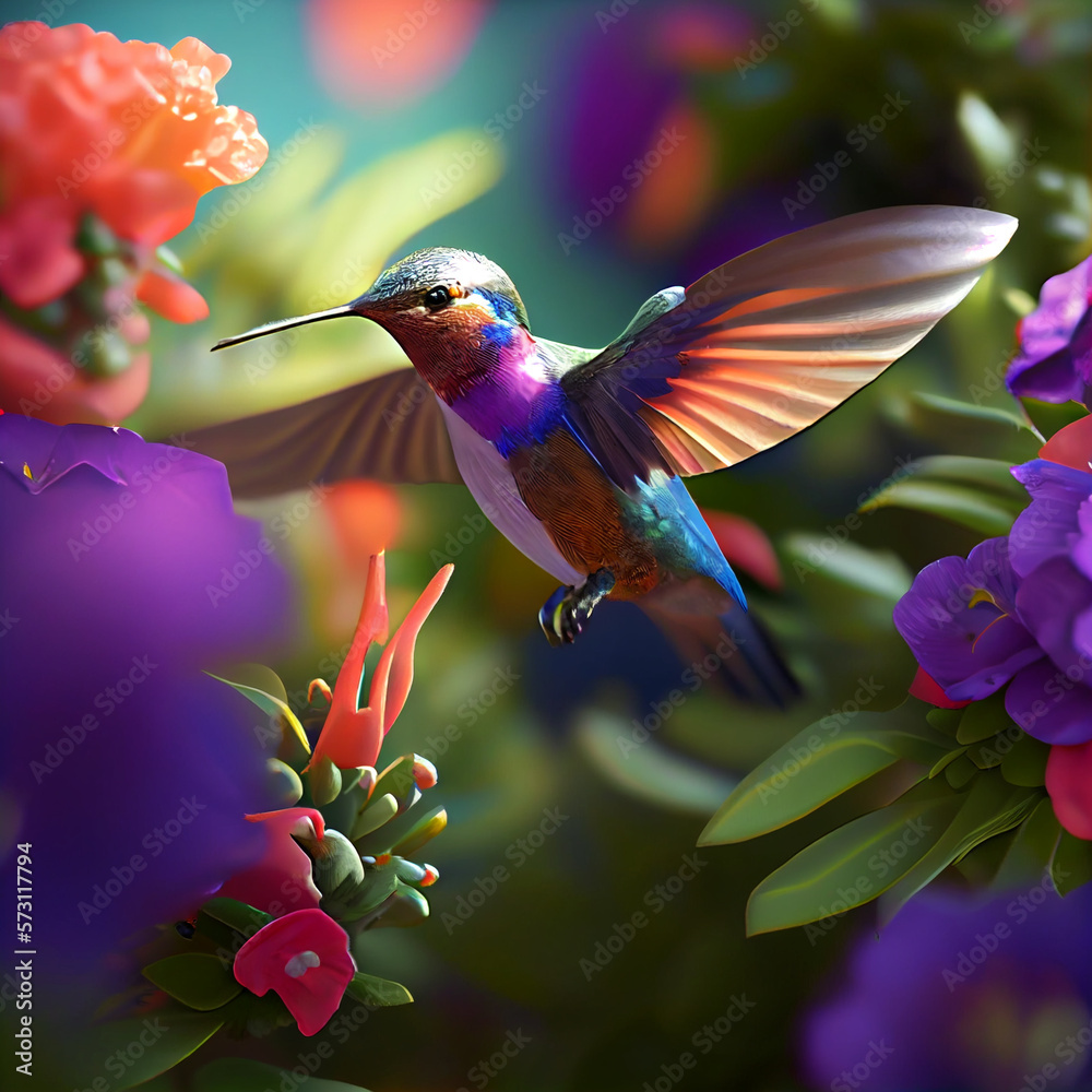 Fototapeta premium Hummingbird animal, hummingbird flying between flower, honey, and nectar, hummingbird generative ai