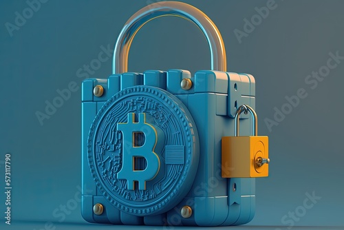 Bitcoin padlock, bitcoin security concept, blue background, Generative AI

