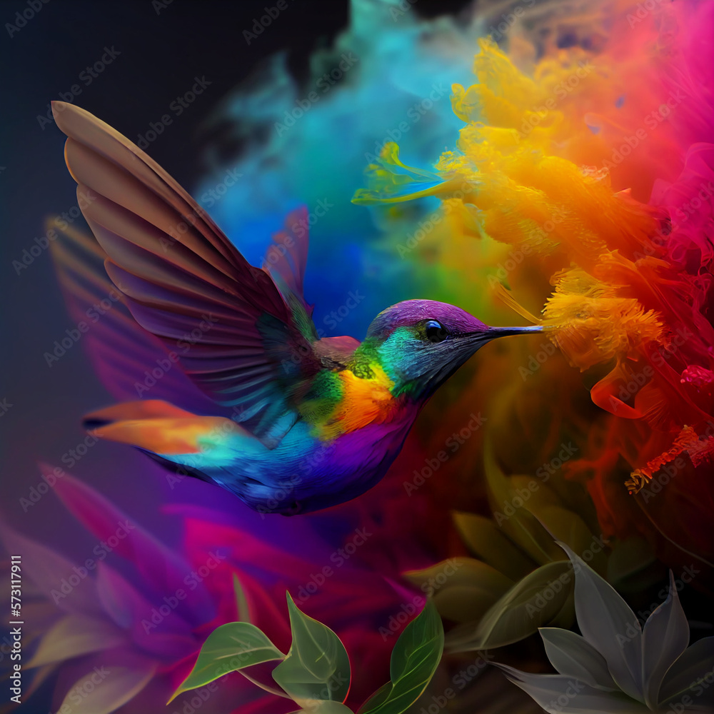 Obraz premium Hummingbird animal, hummingbird flying between flower, honey, and nectar, hummingbird generative ai
