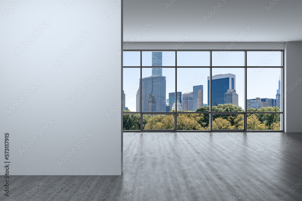 Fototapeta premium Empty room Interior Skyscrapers View Cityscape. Central Park Midtown New York City Manhattan Skyline Buildings from Window. Beautiful Expensive Real Estate. White mockup wall. Day time. 3d rendering.
