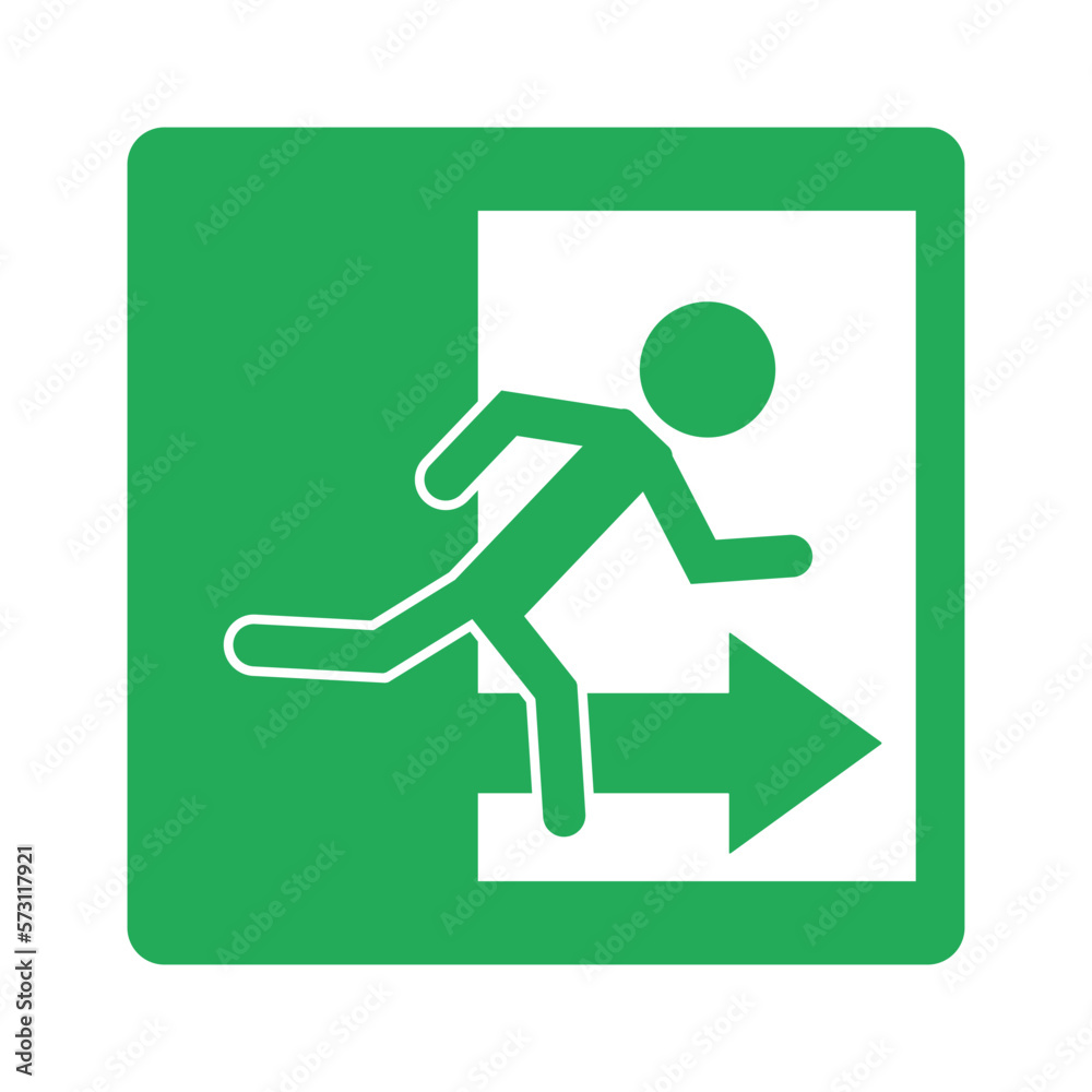 Isolated label design sign of emergency exit in white and green. With illustration man running through doorway and arrow direction. Isolated label design sign of emergency exit in white and green. With illustration man running through doorway and arrow direction.