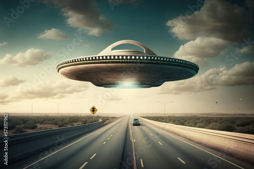 Flying saucer over highway in deserted location  alien spaceship flying over road  Generative AI