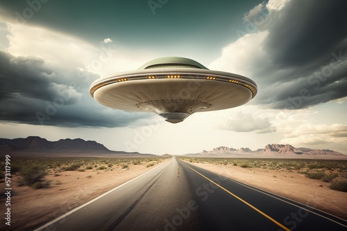 Fototapeta Naklejka Na Ścianę i Meble -  Flying saucer over highway in deserted location, alien spaceship flying over road, Generative AI