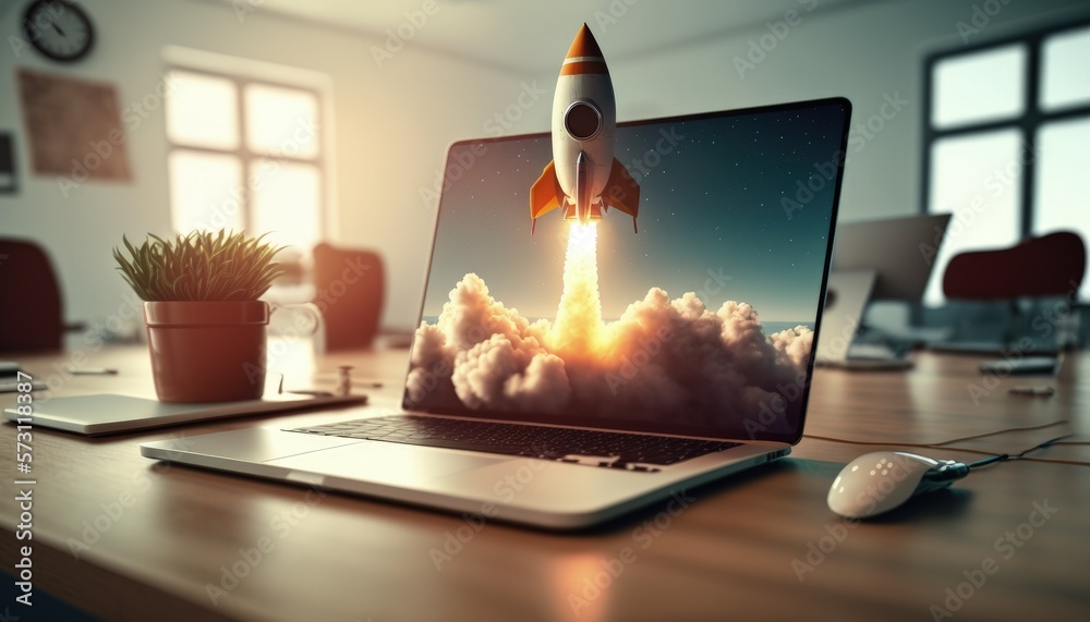 Rocket taking off from laptop screen on top of office desk, successful ...