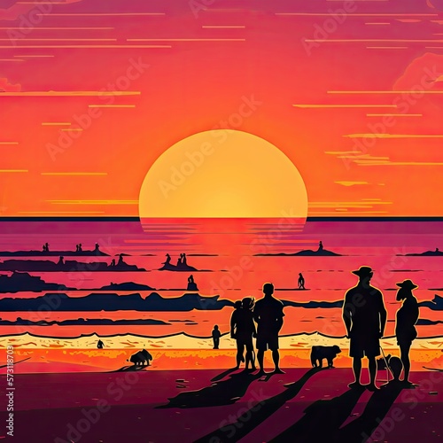 Sunset on a beach in front of a crowd cartoon