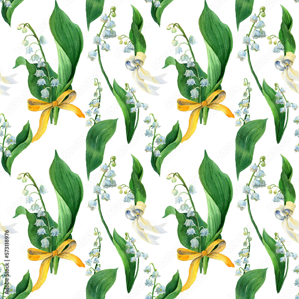 Obraz premium Watercolor seamless pattern lily of the valley, white flowers and green leaves. Botany background of first spring flower in natural style. Design for covers, packaging, fabric, wrapping paper.