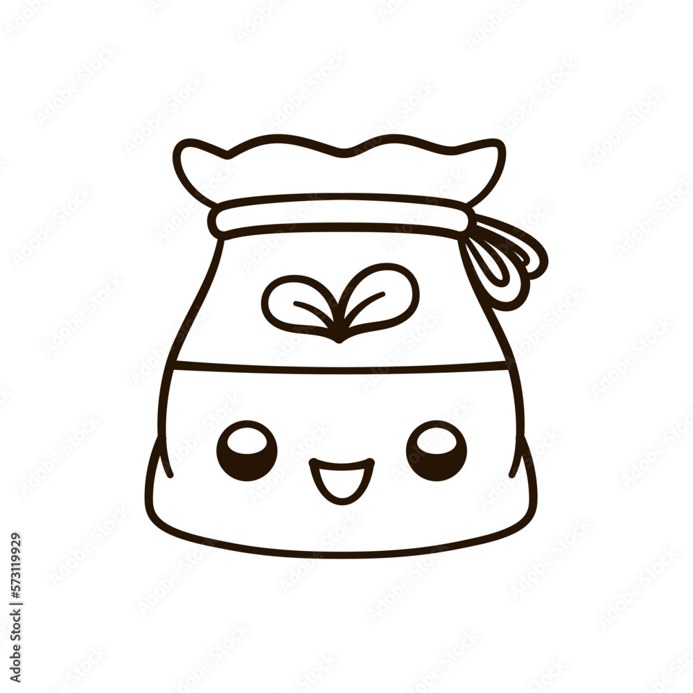 Cute happy burlap sack bag of seeds kawaii cartoon illustration. Gardening farming agriculture coloring book page activity worksheet for kids Cute happy burlap sack bag of seeds kawaii cartoon illustration. Gardening farming agriculture coloring book page activity worksheet for kids
