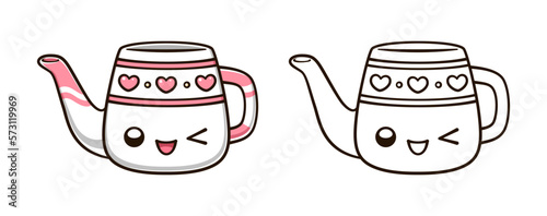 Ceramic watering can pot cute kawaii cartoon outline line art illustration. Gardening farming agriculture coloring book page activity worksheet for kids