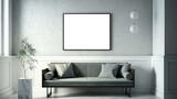 interior design of a living room with a single big blank frame, minimalist modern sofa