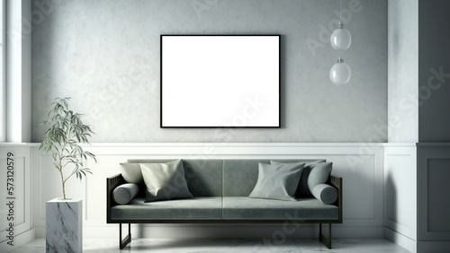 interior design of a living room with a single big blank frame, minimalist modern sofa © Hafidz