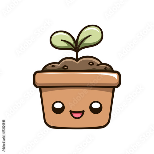 Kawaii seedling sprout in a flower pot cute cartoon illustration. Plant growth process cycle. Gardening farming agriculture clipart.