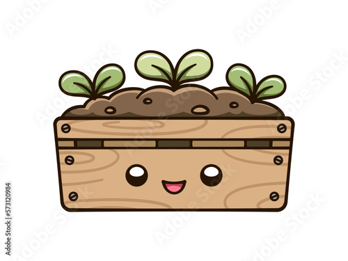 Kawaii Sprout plant growing from a wooden crate cute cartoon illustration. Gardening farming agriculture clipart.