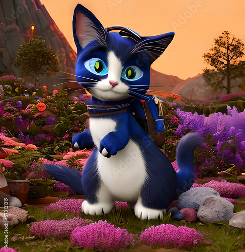 Blue cat in the garden with flowers around