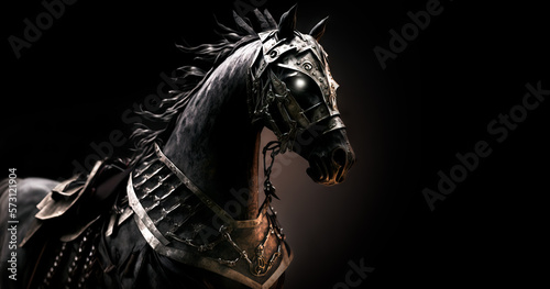 Black horse on black, Medieval knights black warhorse made of metal and full of armor. Fantasy image created with generative ai. photo