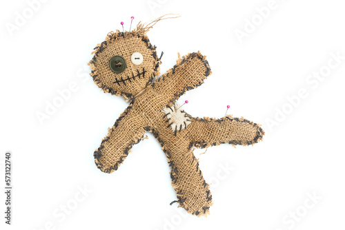 Voodoo doll on a white background. An ancient spell. Witchcraft.