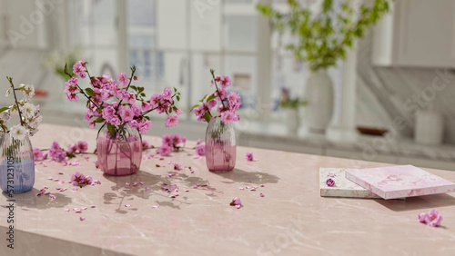 фотографія Luxurious two slabs of kitchen counter, countertop selection with pink and purpl