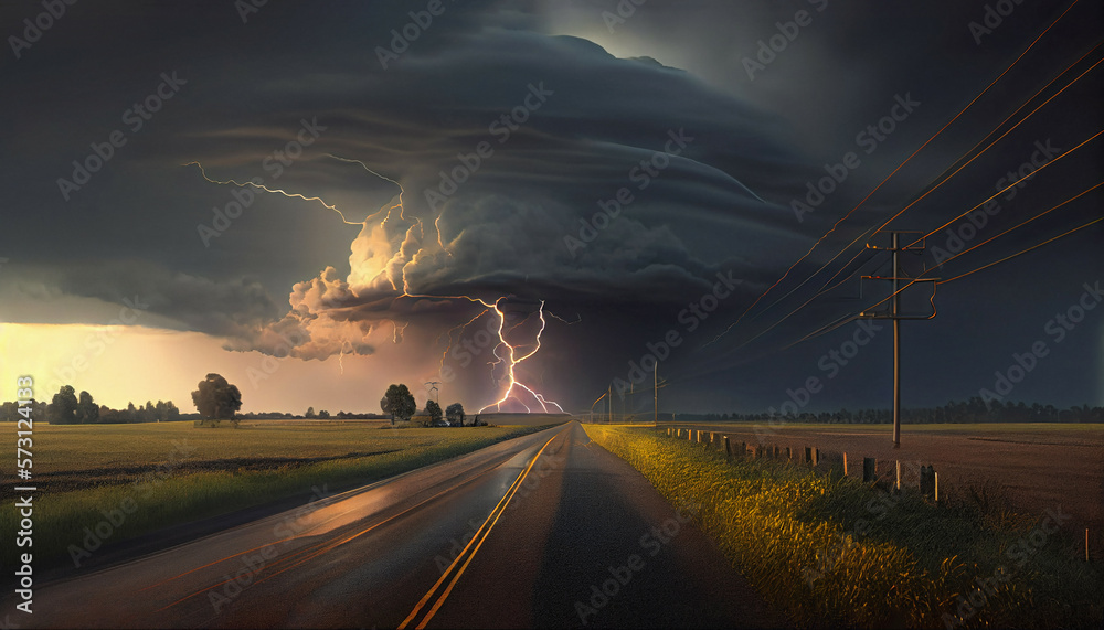 Supercell storm cloud lightning weather severe road, countryside, generative ai - obrazy, fototapety, plakaty 