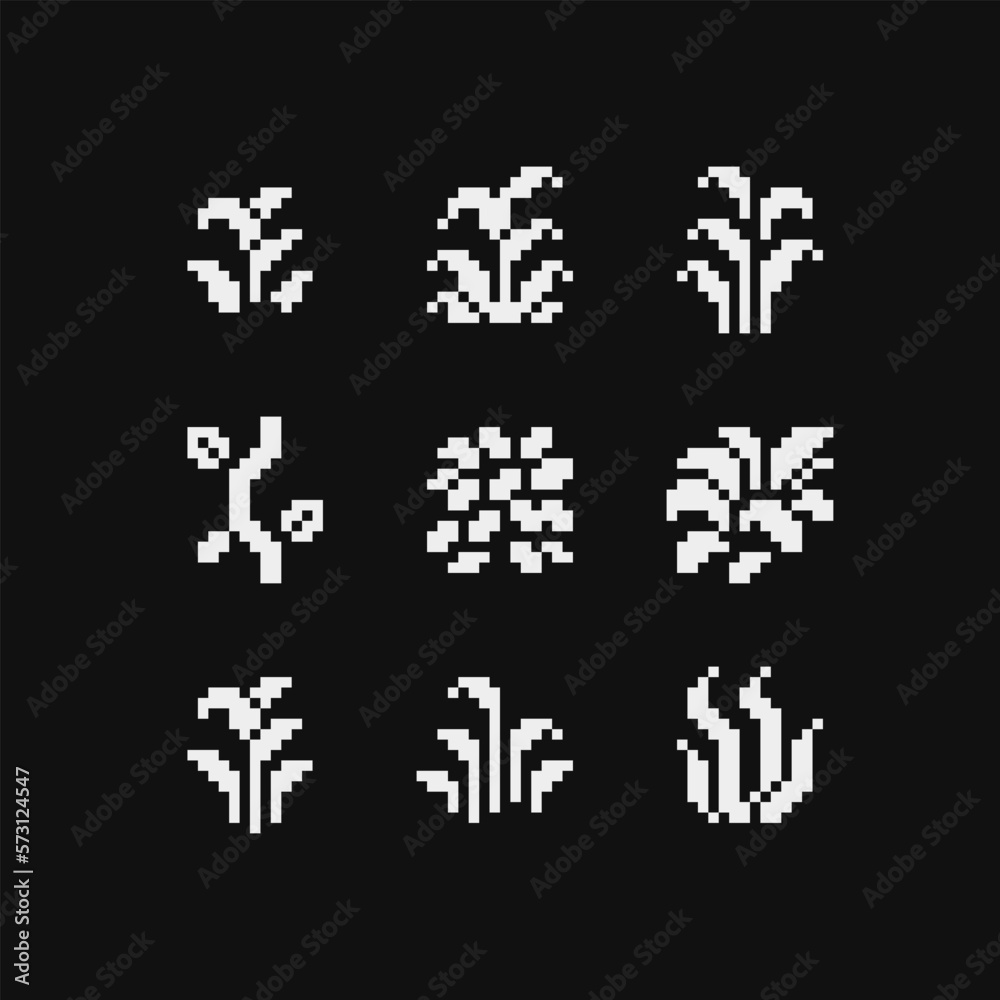 Various leaves plants pixel art icons set, herb emoji, sticker design