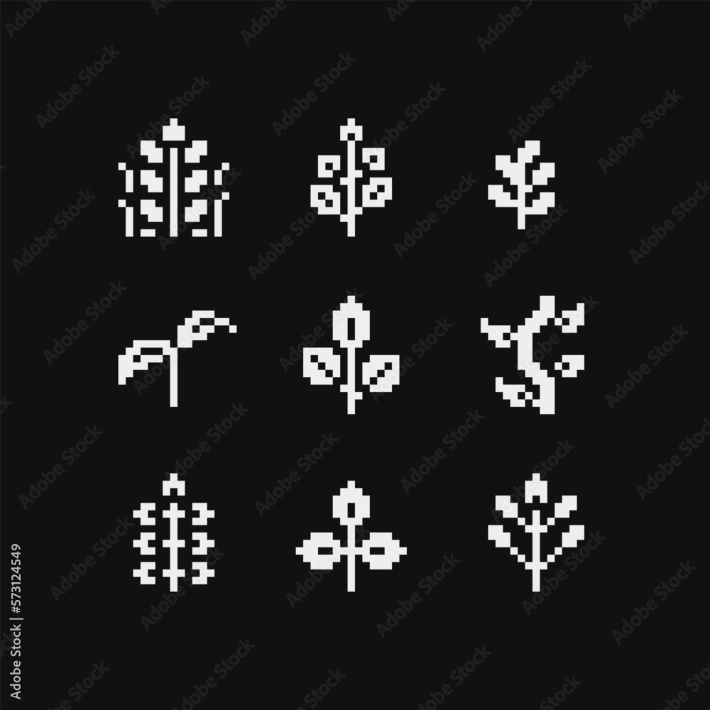 Herb emoji, leaves pixel art icons set, eco plant logo. Isolated vector