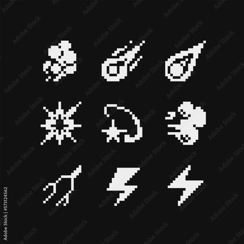 Fx light effects emoji. Pixel art abstract icons set. Light symbols. Electric lightning bolt. Energy effect. Bright light flare and sparks Isolated vector illustration.