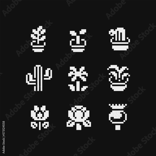 Plant in a pot emoji, pixel art icon set, cactus and flower. Isolated vector illustration on white background. 1-bit sprite. Design stickers, logo, mobile app.