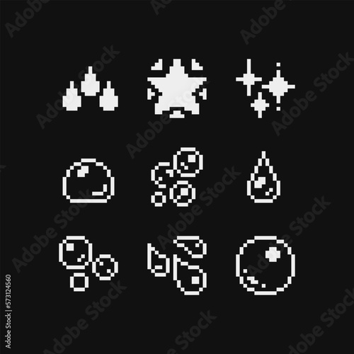 Water drops emoji pixel art style icons set, glitter and shine. Soap bubble. 1-bit. Isolated vector illustrator.
