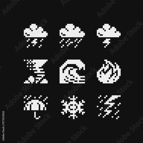 Weather element symbols web icons pixel art set. Contains such icon as rain, clouds, drizzle, wind, snow, night, thunderstorm and fire. Design for mobile app, sticker, logo. Isolated vector. 1-bit.