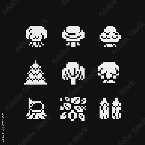 Trees set, pixel art style, isolated vector illustration. Game assets. Element design for stickers, embroidery, mobile app. 1-bit sprite.