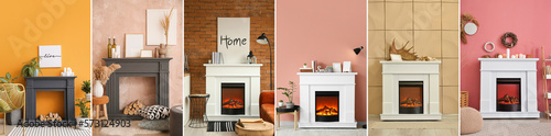 Group of fireplaces with different domestic decorations near color walls in rooms