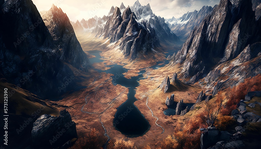 A valley through a jagged mountain range with Generative AI Technology.