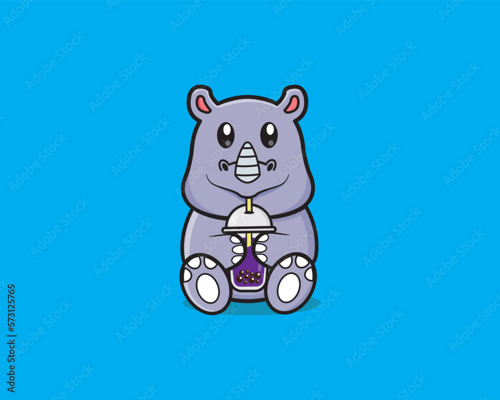 Obraz premium Cute Rhinoceros drink boba vector design