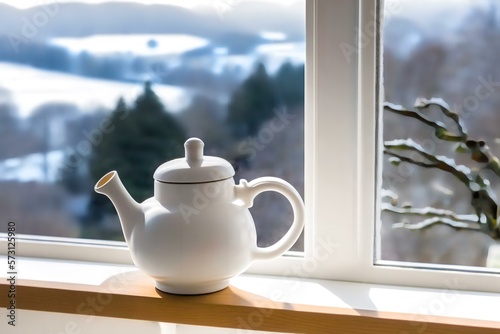 teapot on a windowsill with a scenic view in the background  AI Generated 