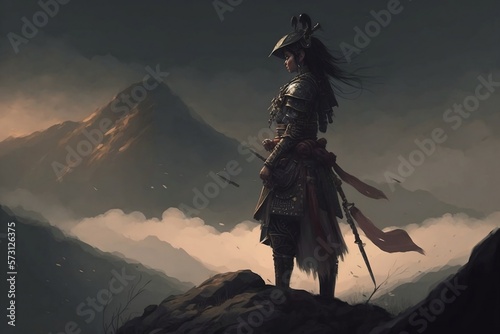 The Samurai Sister: A Woman in Full Armor Stands Victorious on a Hilltop