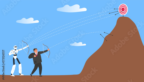robot humanoid and businessman with bow hitting the target competition vector illustration