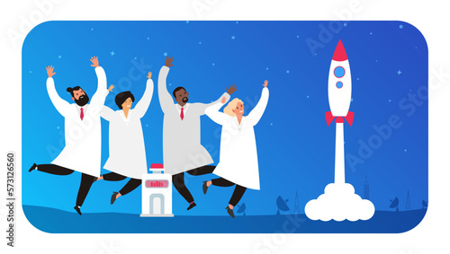 group of international happy jumping scientists launching a rocket spaceship to space vector illustration