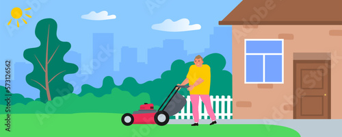 man using lawn mower mowing   grass near house vector illustration