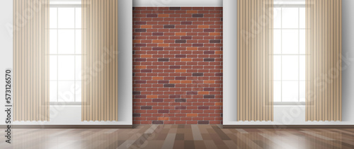 modern  empty room interior with two  windows curtains  brick wall  wooden floor mock up vector illustration