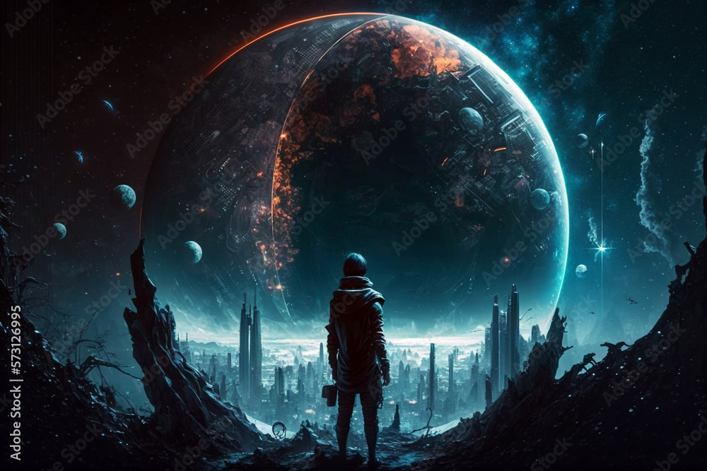 Obraz premium Futuristic man standing and looking a city and huge planet. Generative ai illustration