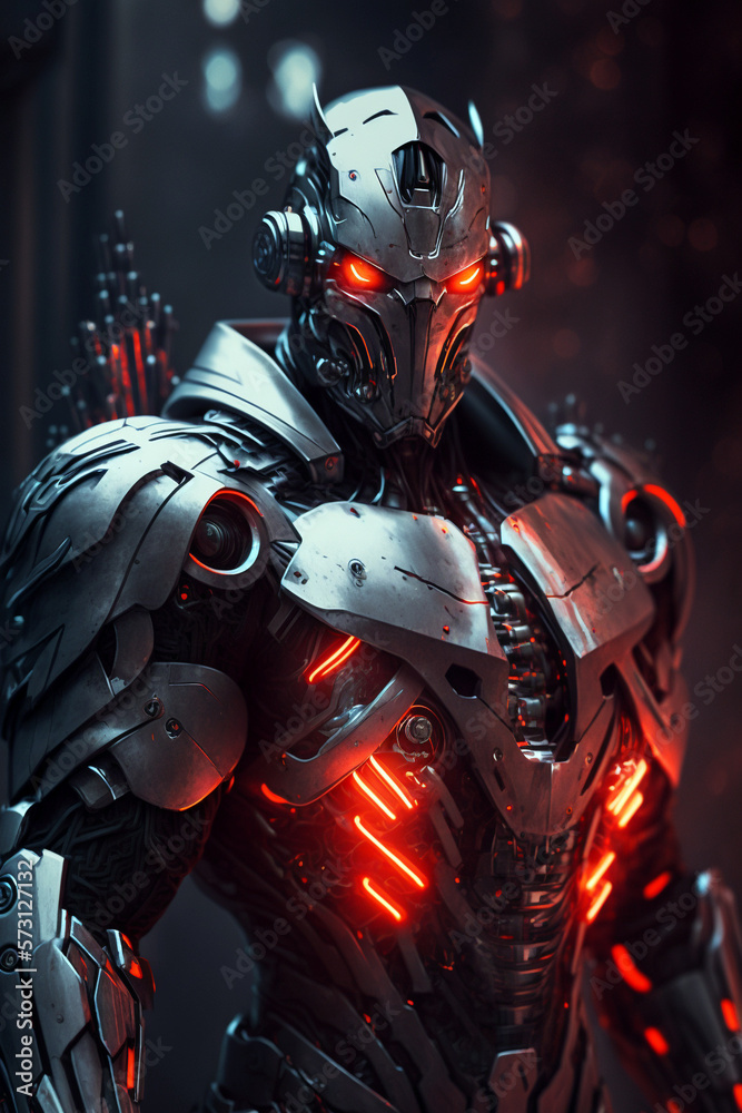 A cybernetic knight glowing red eyes concept. Generative ai illustration