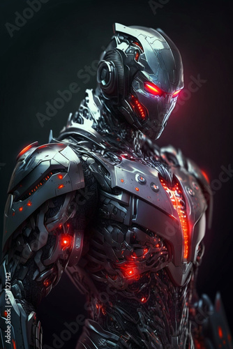 A cybernetic knight glowing red eyes. Generative ai illustration © Ruqqq