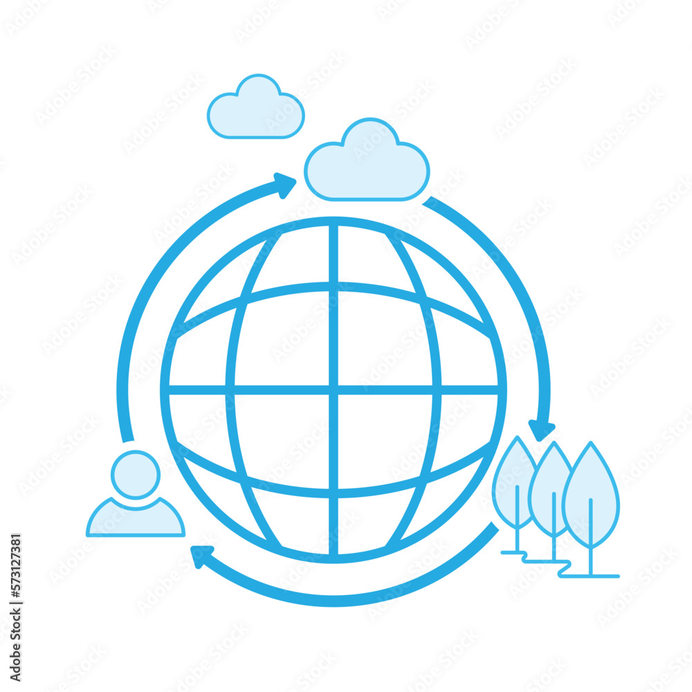 Globe icon surrounded with cycle arrow, human, plant and cloud symbols represent the ecosystem. Vector illustration outline flat design style. Globe icon surrounded with cycle arrow, human, plant and cloud symbols represent the ecosystem. Vector illustration outline flat design style.